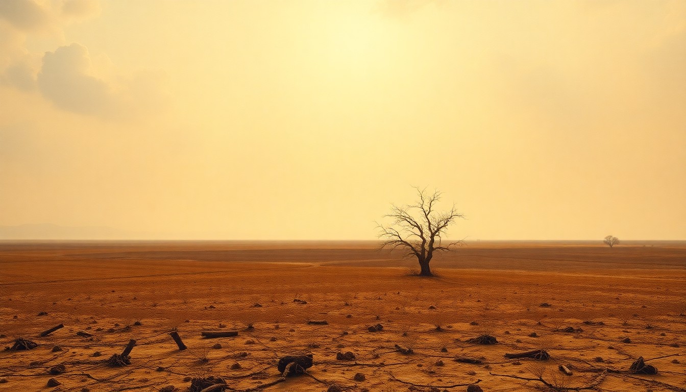 A sweeping, atmospheric landscape painting in muted earth tones, depicting a vast, desolate field under a hazy, oppressive sky, with a lone, withered tree or shrub dwarfed by the expansive, parched terrain, conveying the overwhelming impact of the severe drought.