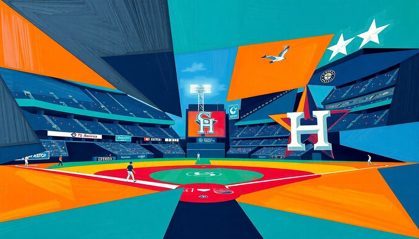 A fractured, multi-perspective painting depicting a baseball game between the Seattle Mariners and Houston Astros, with sharp, overlapping geometric planes in vibrant navy, teal, orange, and navy colors, conceptually representing the dynamic energy and action of the series.