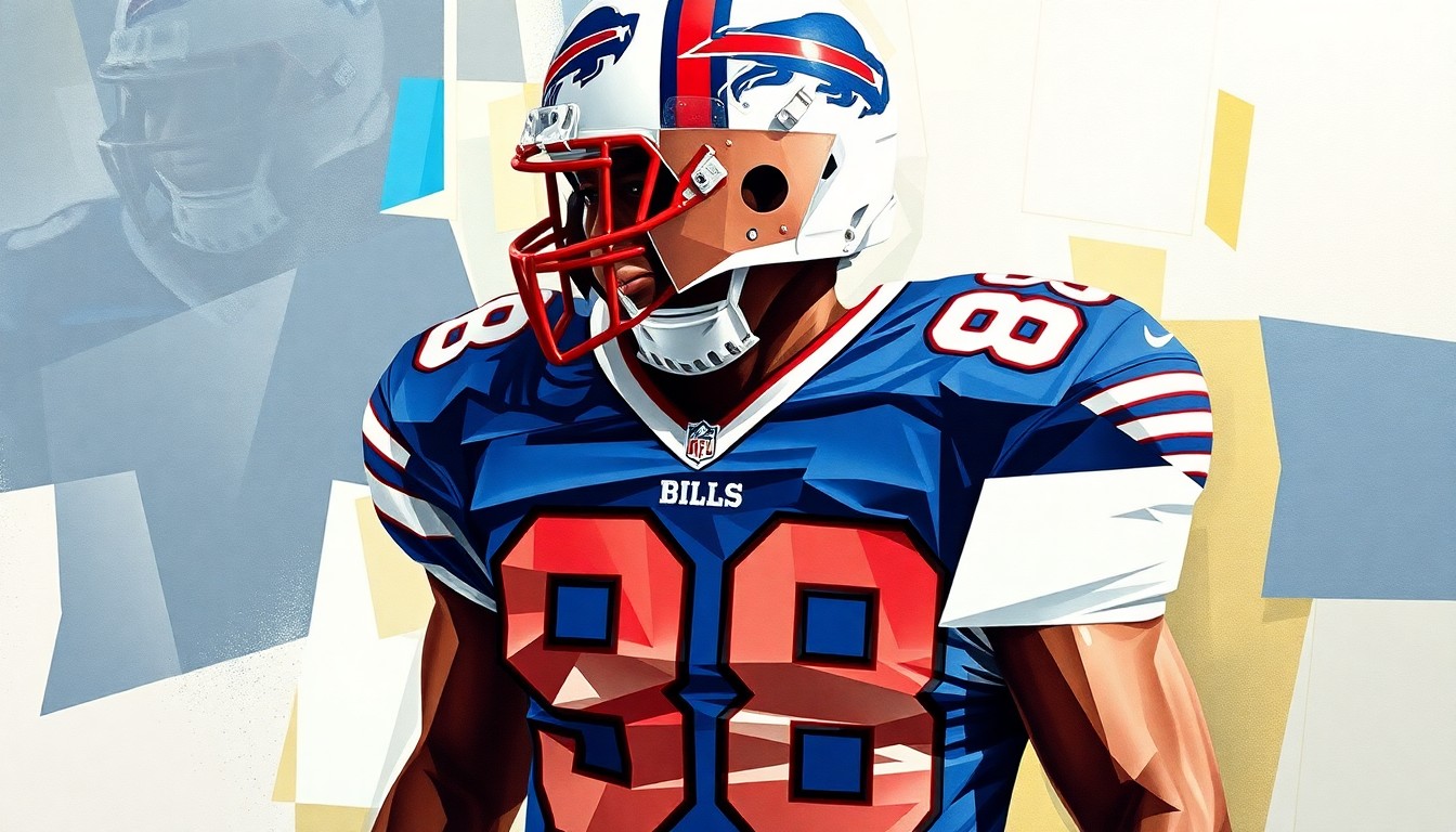 A cubist-style painting depicting a Buffalo Bills football player, number 98, broken down into sharp, overlapping geometric shapes and planes, conceptually representing the transition to a new defensive scheme.