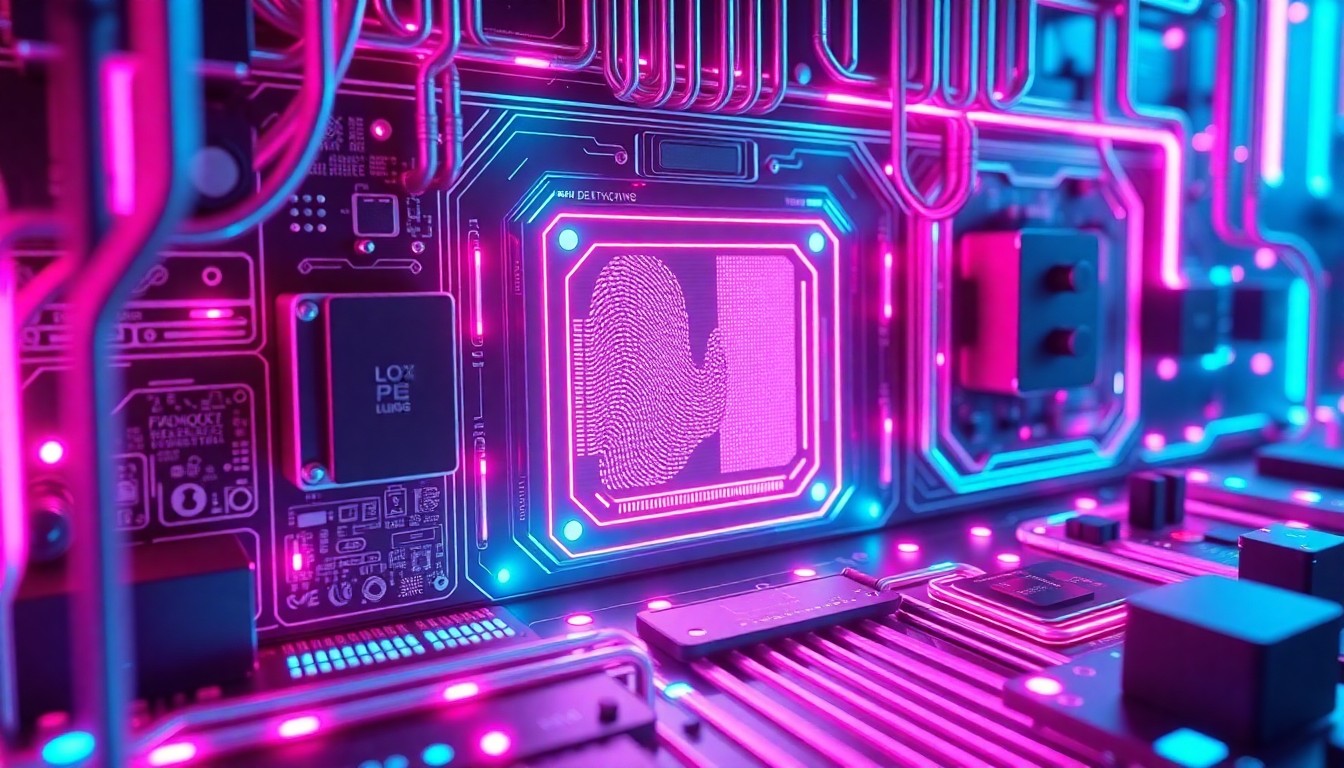 A highly detailed, glowing 3D illustration of a futuristic digital identity hub, featuring recognizable tech elements like circuit boards, fiber optic cables, and biometric scanners illuminated by neon cyan and magenta lights, conceptually representing the unification of digital identity across blockchain networks and online services.