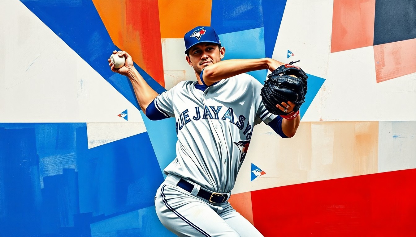 A fractured, geometric painting in vibrant blue, red, and white hues, depicting a baseball pitcher's windup and delivery broken down into sharp, overlapping planes, conceptually representing the dynamic motion of the sport.