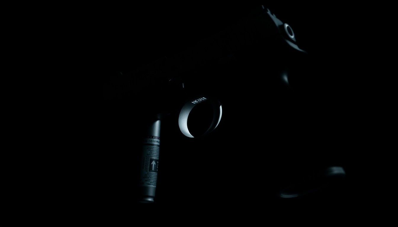 An extreme close-up photograph of a firearm magazine and trigger guard, lit by a harsh flash against a dark background, conveying a sense of urgency and investigation around the illegal weapon.