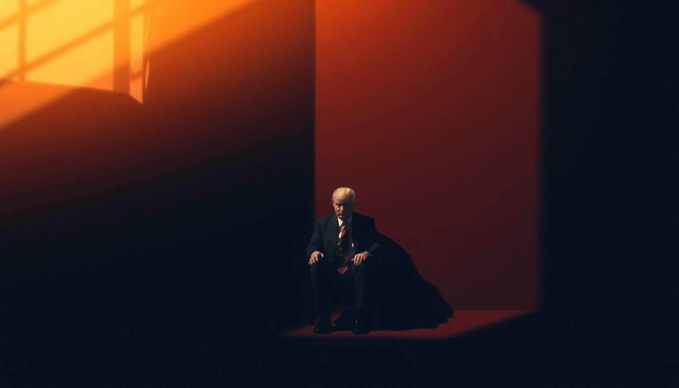 A cinematic painting of a solitary political figure sitting alone in a dimly lit room, bathed in warm, diagonal sunlight and deep shadows, conveying a sense of isolation and unease.