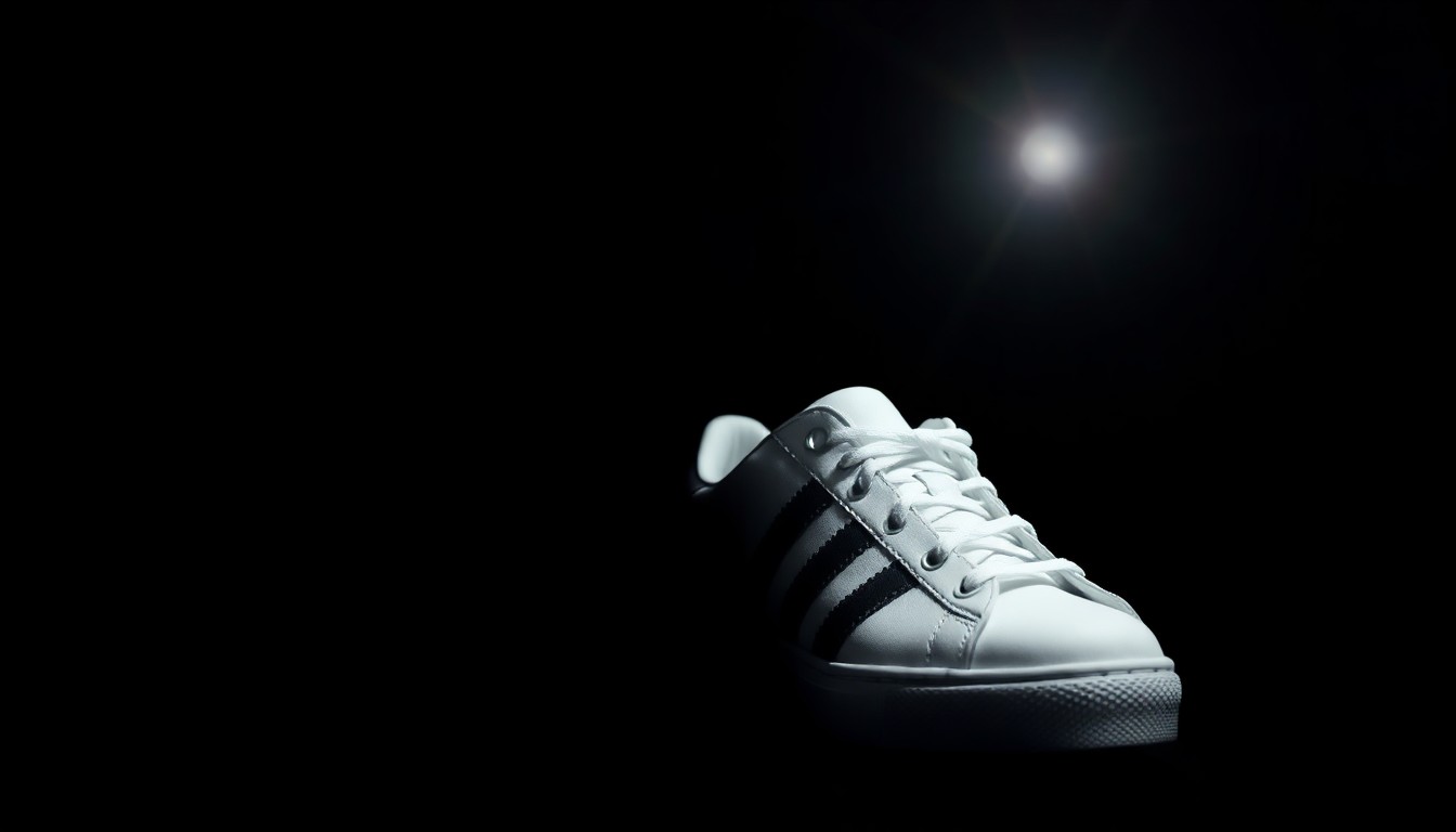 An extreme close-up photograph of a single white sneaker with black stripes, lit by a harsh, direct camera flash against a pitch-black background, conceptually representing the mystery and investigation surrounding a missing person's case.
