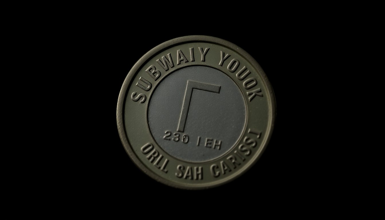 An extreme close-up photograph of a subway token or transit card against a pitch-black background, lit by a harsh, direct camera flash, conceptually representing the NYPD's focus on transit crime and security.