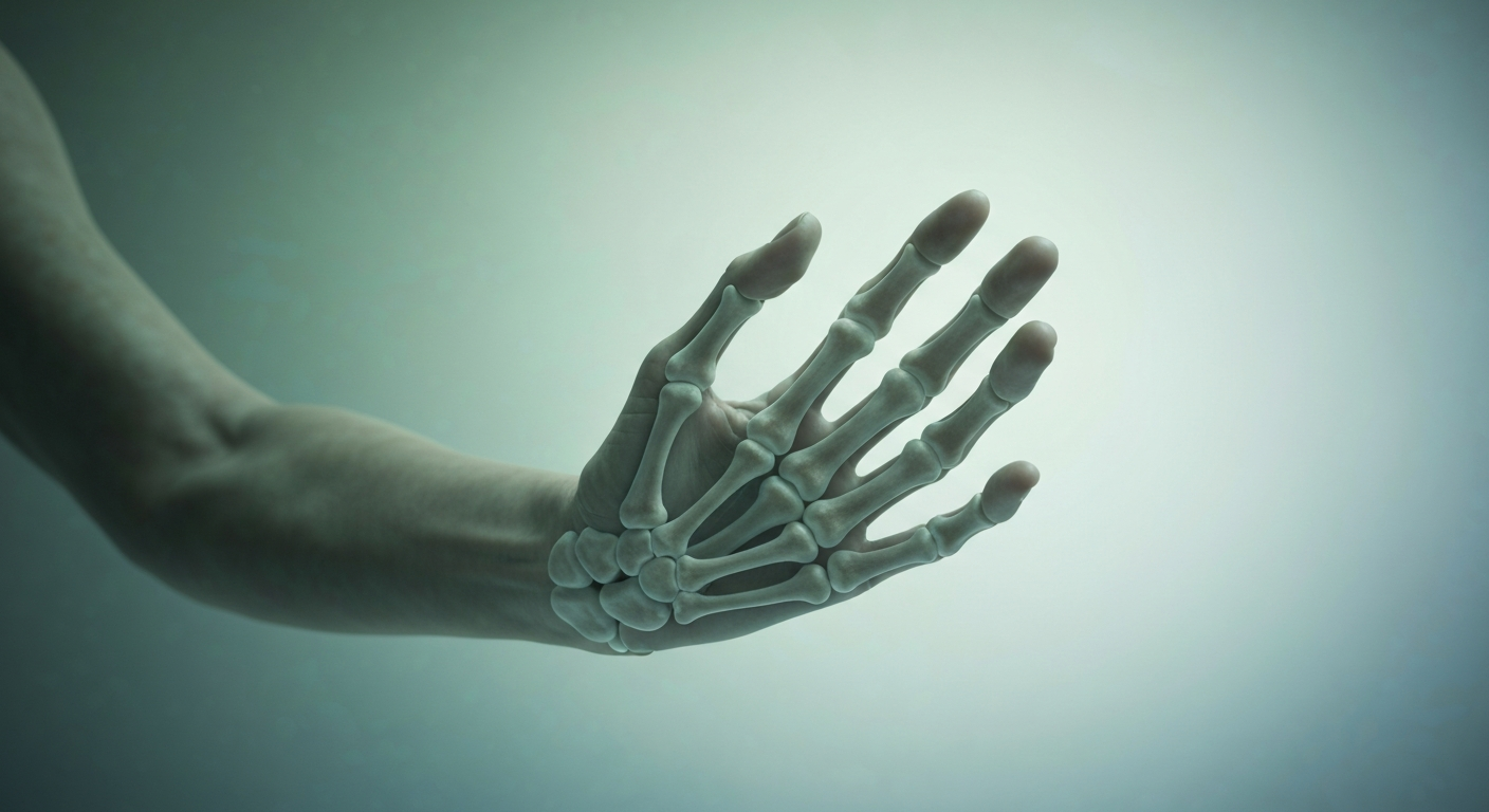 A translucent, ghostly X-ray image of an elderly person's hand, with the bones and joints visible against a dark background, conveying the fragility and vulnerability of aging.