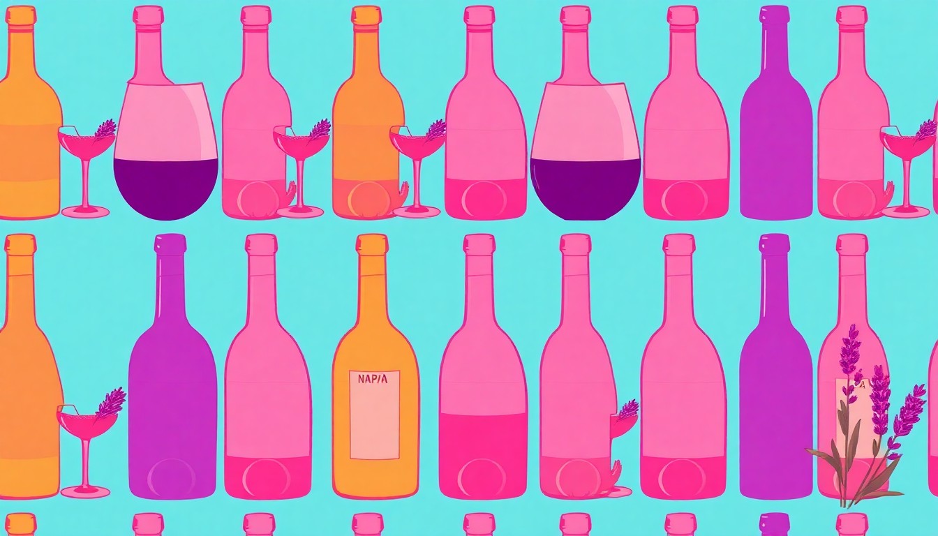 A vibrant, high-contrast silkscreen print featuring a repeating grid of an iconic Napa Valley lifestyle object, such as a wine glass or olive oil bottle, rendered in a bold, neon color palette to capture the essence of the region's natural beauty and lifestyle.