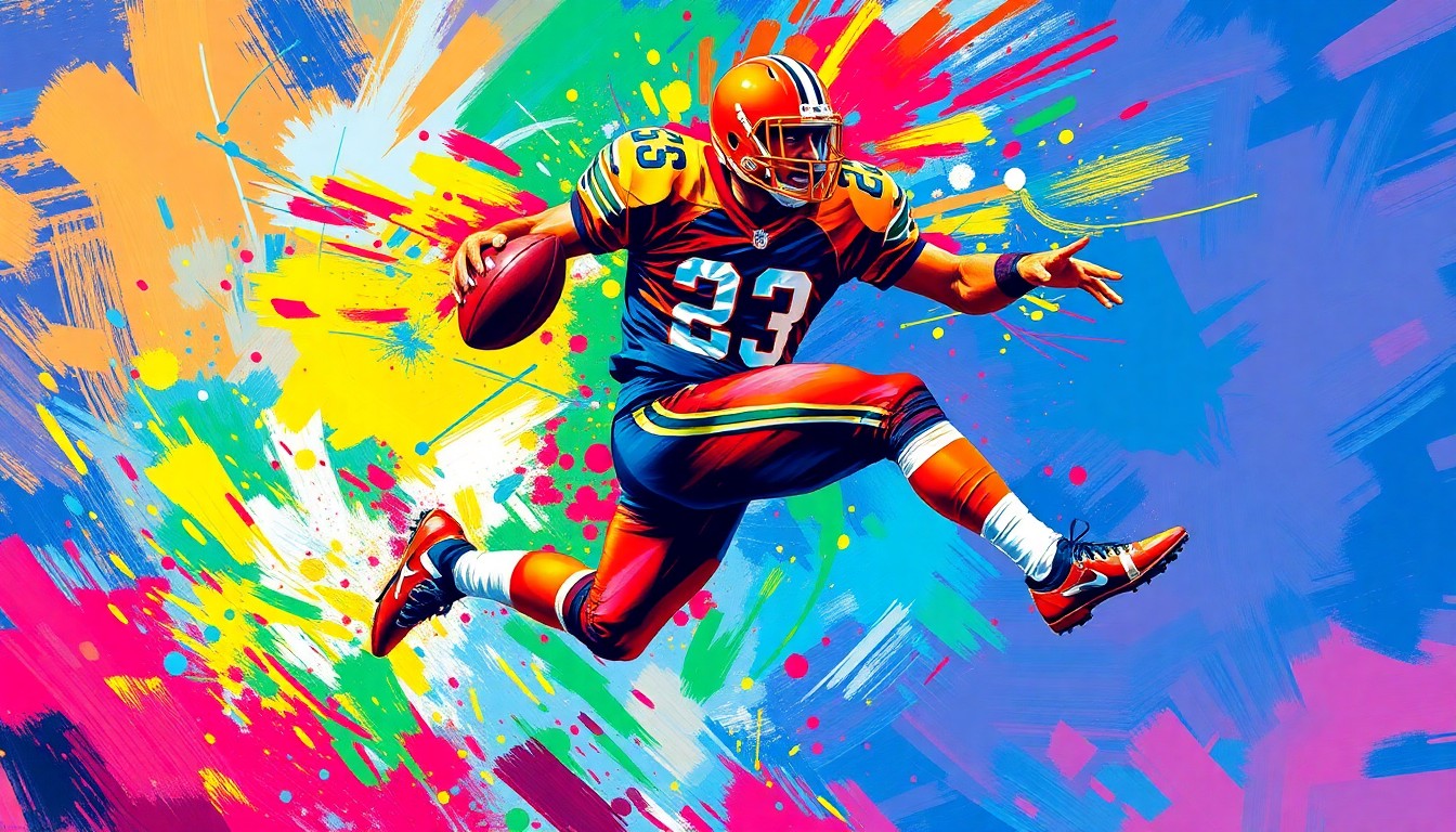 An abstract, expressionist painting in neon colors depicting a football player mid-leap, their jersey and limbs dissolving into colorful brushstrokes, conceptually representing the joy and energy of sports fandom reaching new heights.