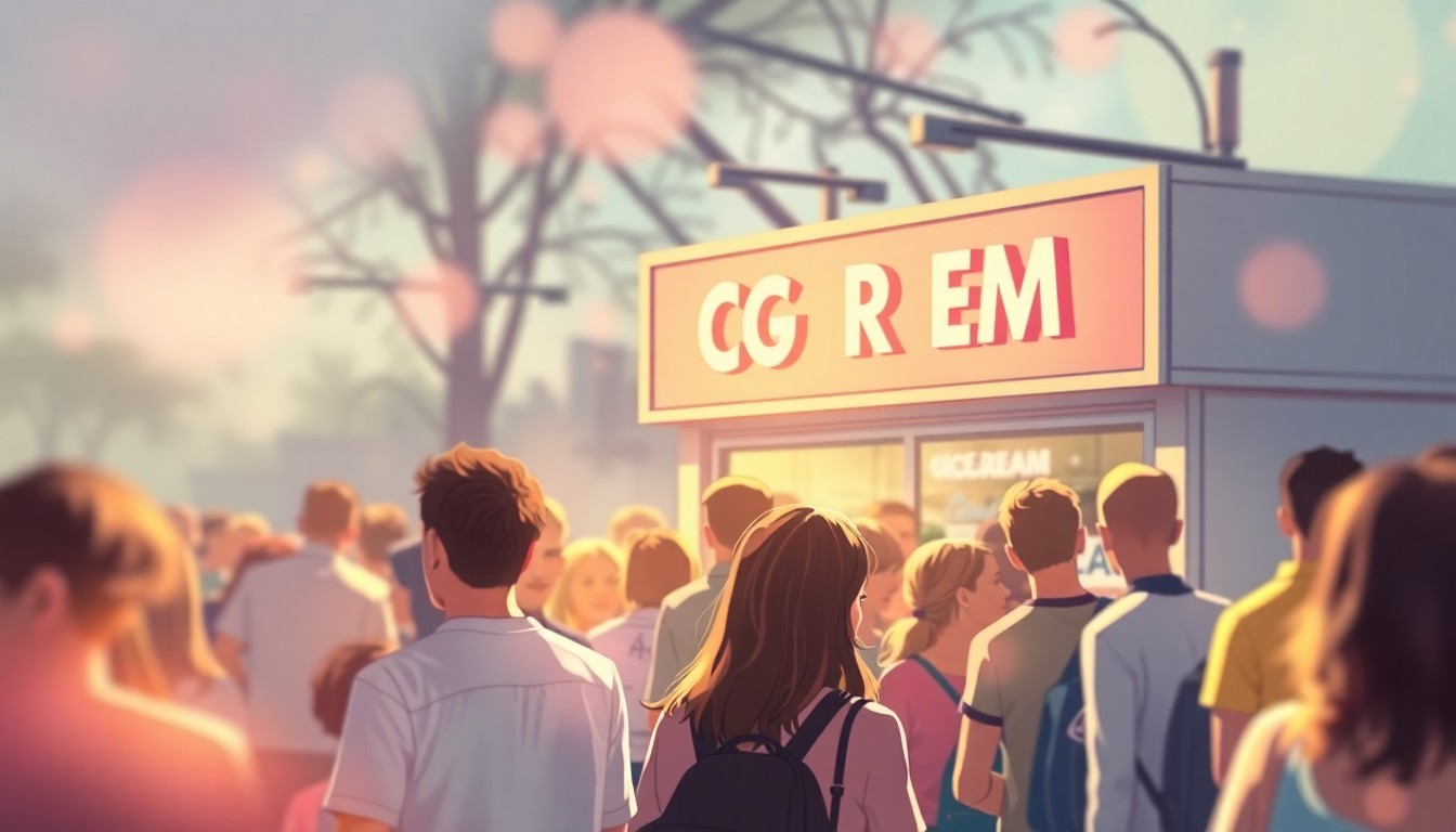 An abstract, impressionistic scene of a crowd of people waiting in line outside an ice cream shop, with soft, blurred pools of warm, colorful light creating a dreamlike, atmospheric mood.