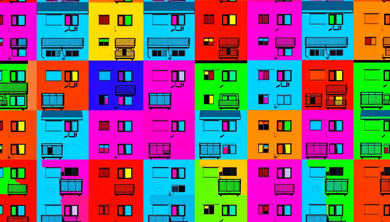A brightly colored, high-contrast silkscreen print of a single, iconic apartment building or rental sign, repeated in a tight grid pattern, capturing the housing affordability crisis in an abstract, pop art style.