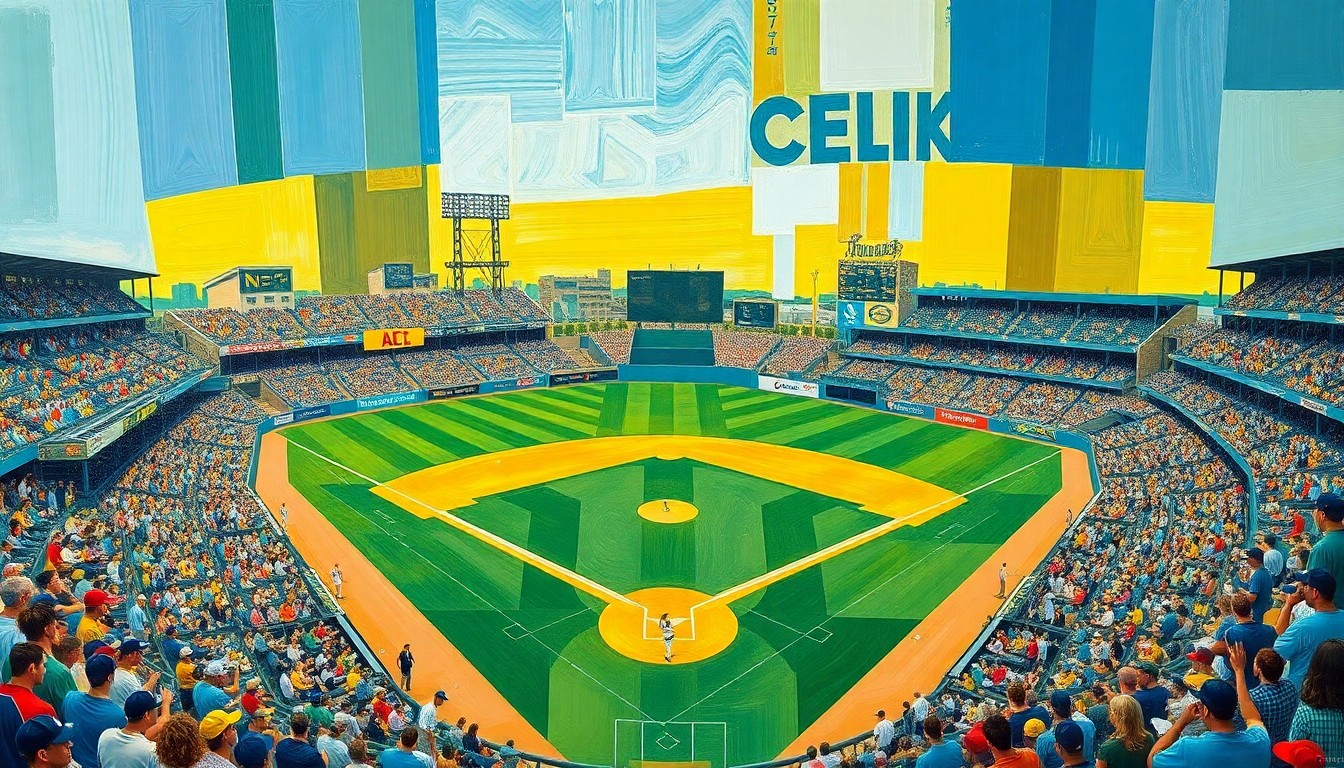 A fragmented, geometric painting depicting the dynamic action of a college baseball game, with players, field, and stadium rendered in sharp, overlapping planes of vibrant colors.