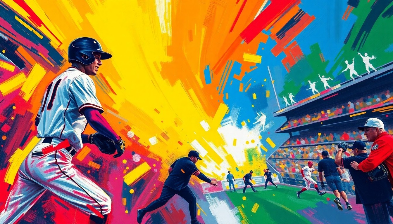 An abstract painting with vibrant neon colors and energetic brushstrokes, conceptually representing the intensity and competitive spirit of a college baseball rivalry game.