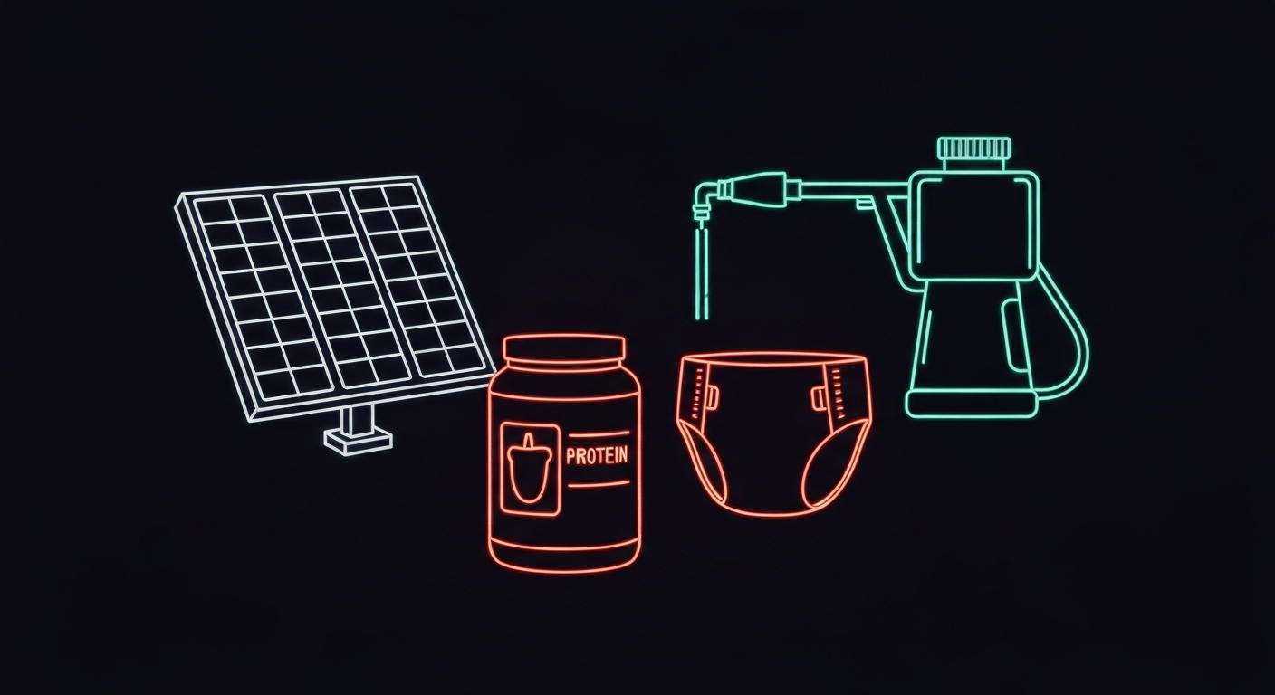 A minimalist design in the style of Keith Haring where the health-related objects like a solar panel, pesticide sprayer, protein powder container, and baby diaper are defined entirely by glowing, vibrant neon lines against a deep, dark background, emphasizing shape and electricity.