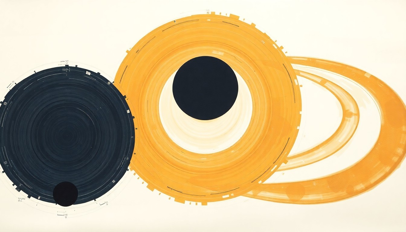 A bold, abstract painting in earthy tones depicting the complex orbital path and gravitational forces surrounding the Apophis asteroid as it approaches Earth, conveying the structural order of the solar system through sweeping geometric arcs, concentric circles, and precise spirals.