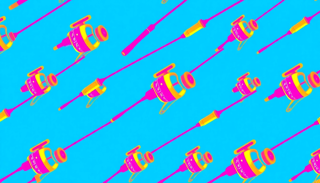 A repeating pattern of brightly colored, stylized fishing rods and reels in neon shades of blue, pink, and yellow, conveying the lively, celebratory spirit of a community fishing event.