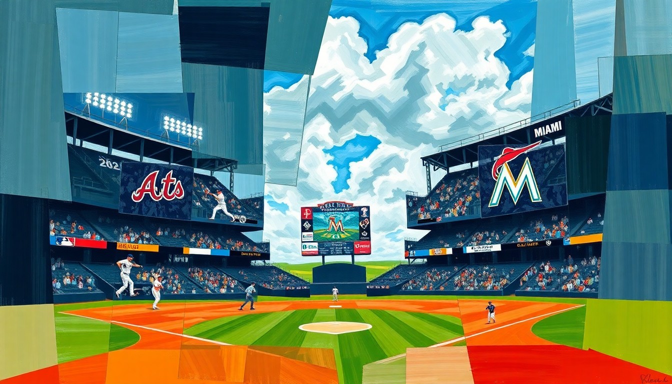 A fragmented, geometric painting depicting a baseball game in progress, with players and the field broken down into overlapping, angular shapes and planes of color.