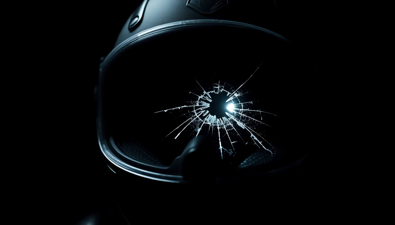 An extreme close-up of a shattered motorcycle helmet visor, conceptually illustrating the aftermath of a fatal crash that has devastated a local community.