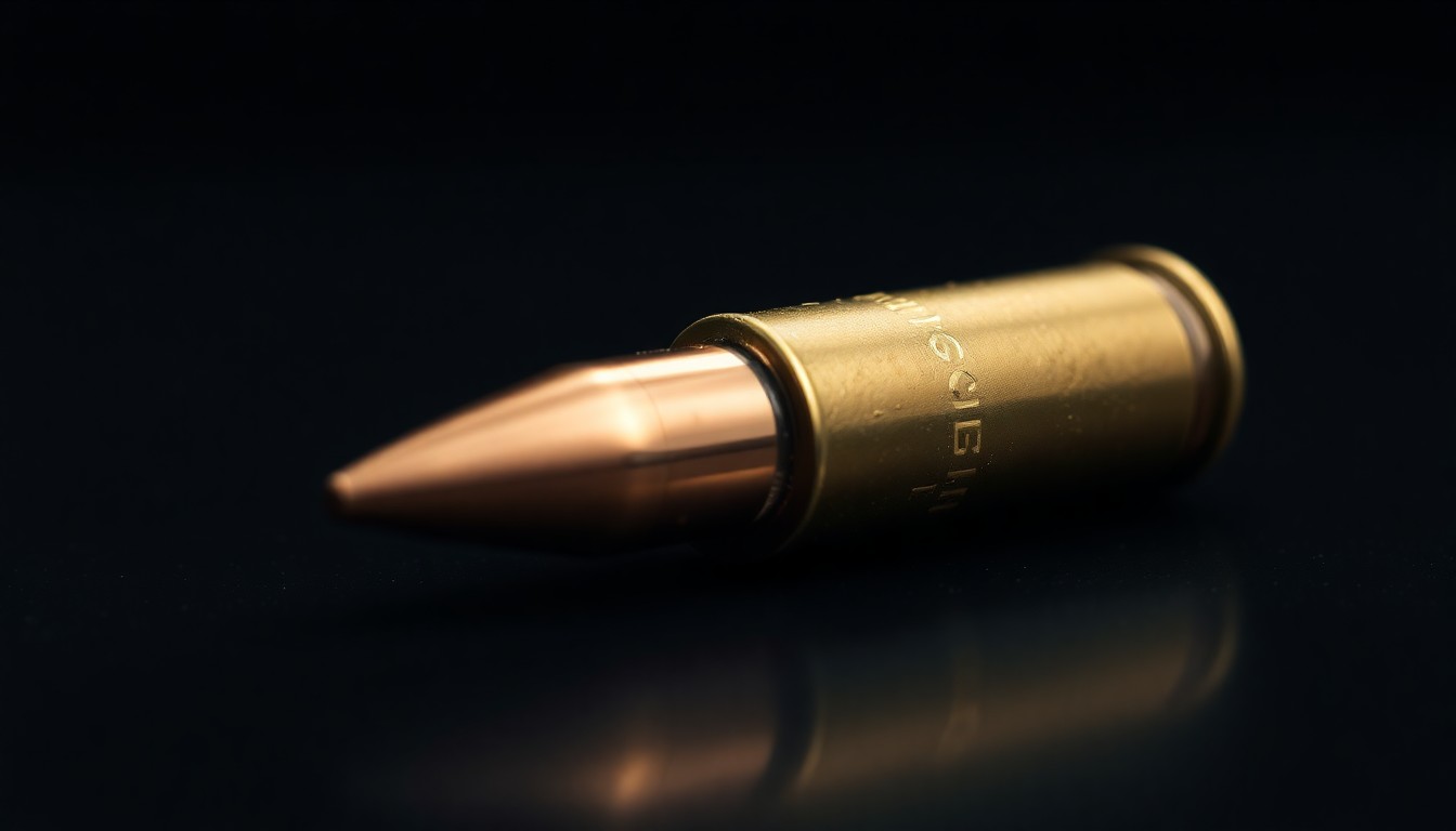 An extreme close-up photograph of a bullet casing on a dark surface, lit by a harsh, direct camera flash, creating a stark, investigative aesthetic without any text or identifiable elements.