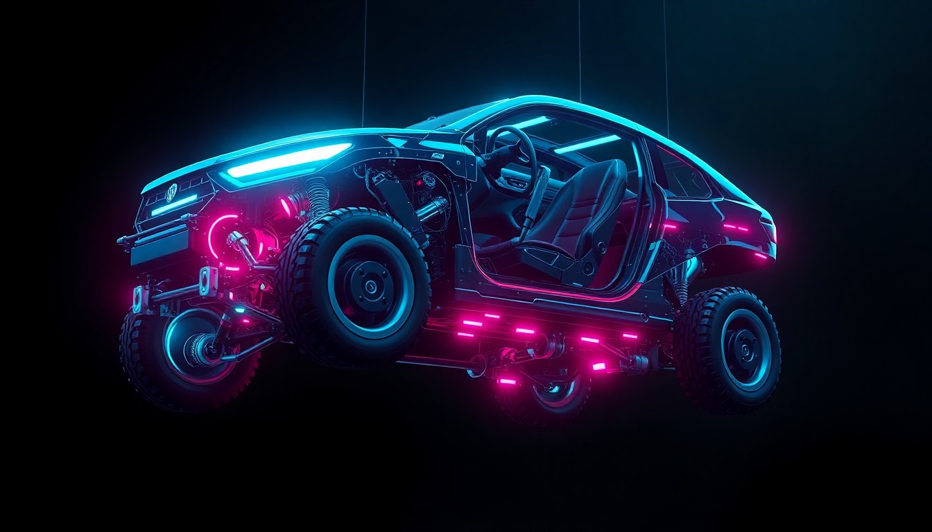 A highly detailed, glowing 3D illustration of a futuristic autonomous vehicle chassis, with neon cyan and magenta lights illuminating the intricate cybernetic components. The vehicle is suspended in a dark, moody environment, symbolizing the tensions between technological advancement and workforce disruption.