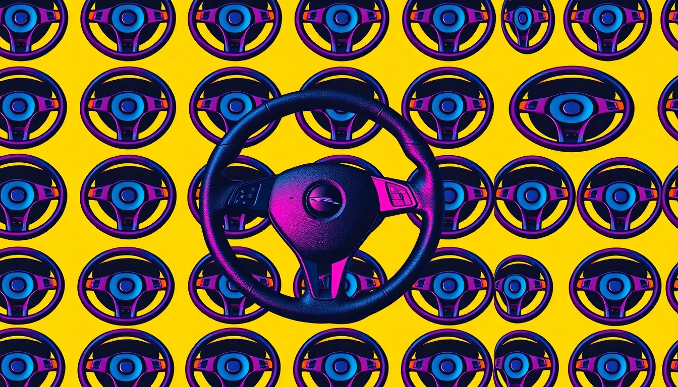 A repeating grid pattern of a car steering wheel rendered in bright neon colors and heavy black outlines, conceptually representing the focus on road safety during a community-wide driving awareness event.