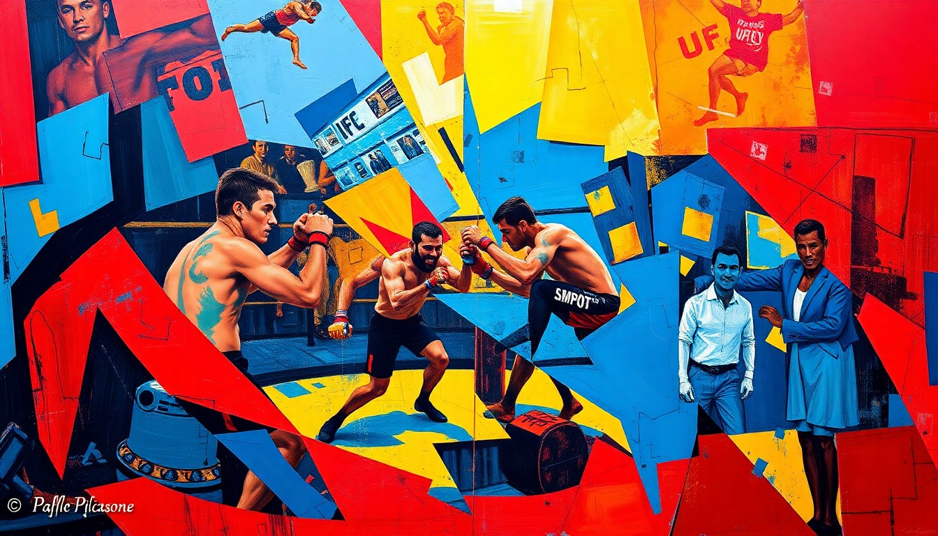 A fragmented, cubist-style painting depicting the chaotic action of a UFC fight, with sharp, overlapping geometric shapes in a vibrant color palette of red, blue, and yellow.