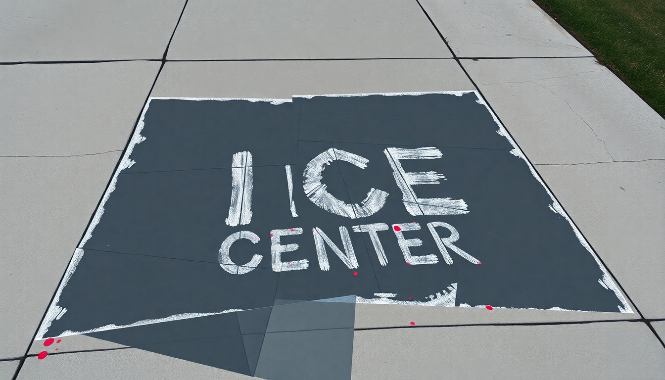 A heavily fragmented, abstract painting of chalk outlines on a sidewalk, rendered in overlapping geometric shapes and waves of dark blue, grey, and red, conceptually representing a protest against a planned immigration detention facility.
