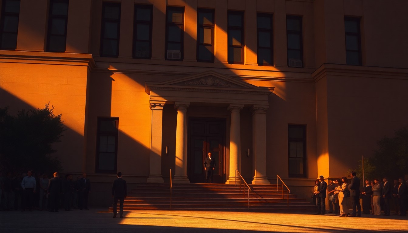 A serene, realistic painting of a government building's exterior, with warm sunlight casting dramatic shadows across the facade, conveying a sense of contemplation and collaboration among city leaders.