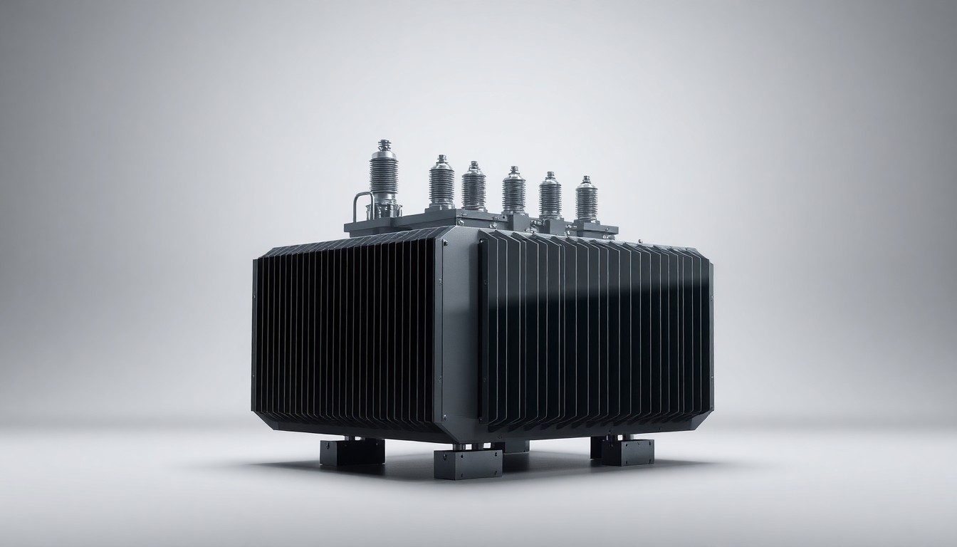 A highly detailed, photorealistic studio photograph of a sleek, modern electrical transformer or substation component made of polished steel and glass, floating on a clean, monochromatic background and dramatically lit to symbolize the complex challenges of managing the electrical grid.