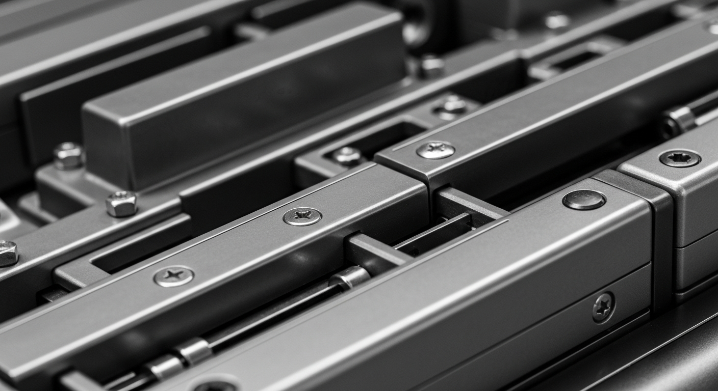 An extreme close-up of heavy, industrial banking machinery and equipment in shades of steel gray, gunmetal, and chrome, conveying a sense of financial security and institutional power without using literal currency or charts.