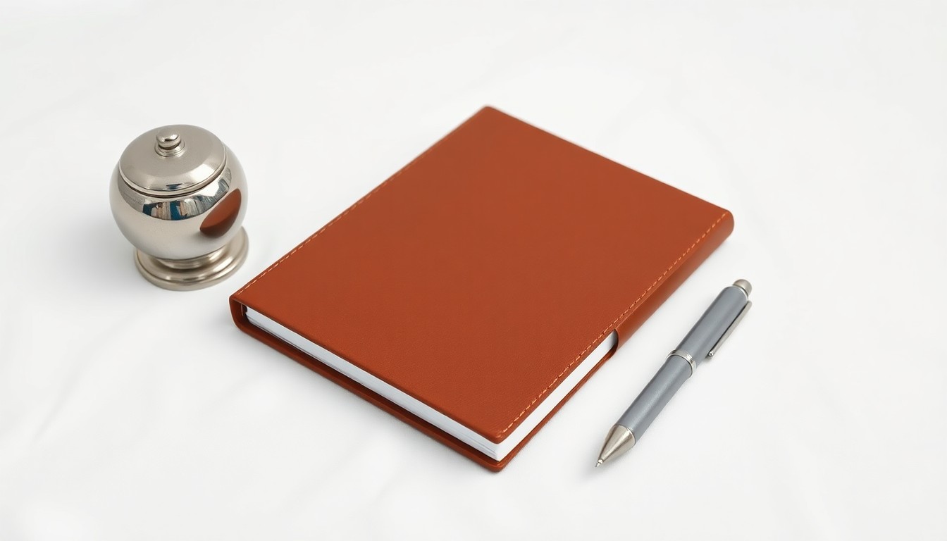 A high-end, photorealistic studio still-life photograph featuring a polished metal paperweight, a sleek leather-bound notebook, and a brushed aluminum pen, all arranged elegantly on a clean, white seamless background to represent Isaac Management's disciplined, long-term approach to acquiring and operating lower middle market businesses.
