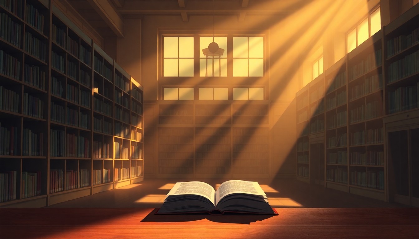 A serene, nostalgic painting of an empty library reading room with a single book on a table, conveying a sense of quiet contemplation and the importance of public libraries as community spaces.