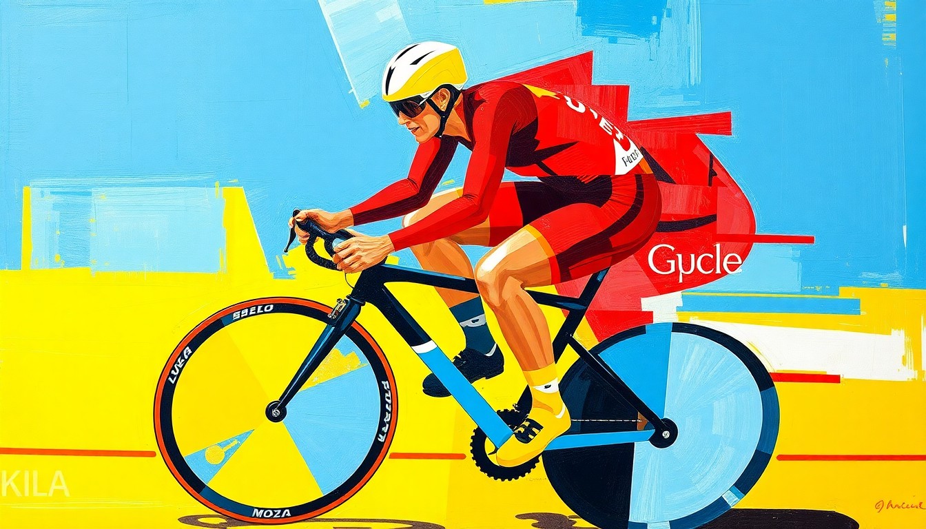 A cubist, geometric painting depicting a cyclist in the team pursuit event, with sharp, overlapping planes of color representing the dynamic motion and teamwork of the sport.