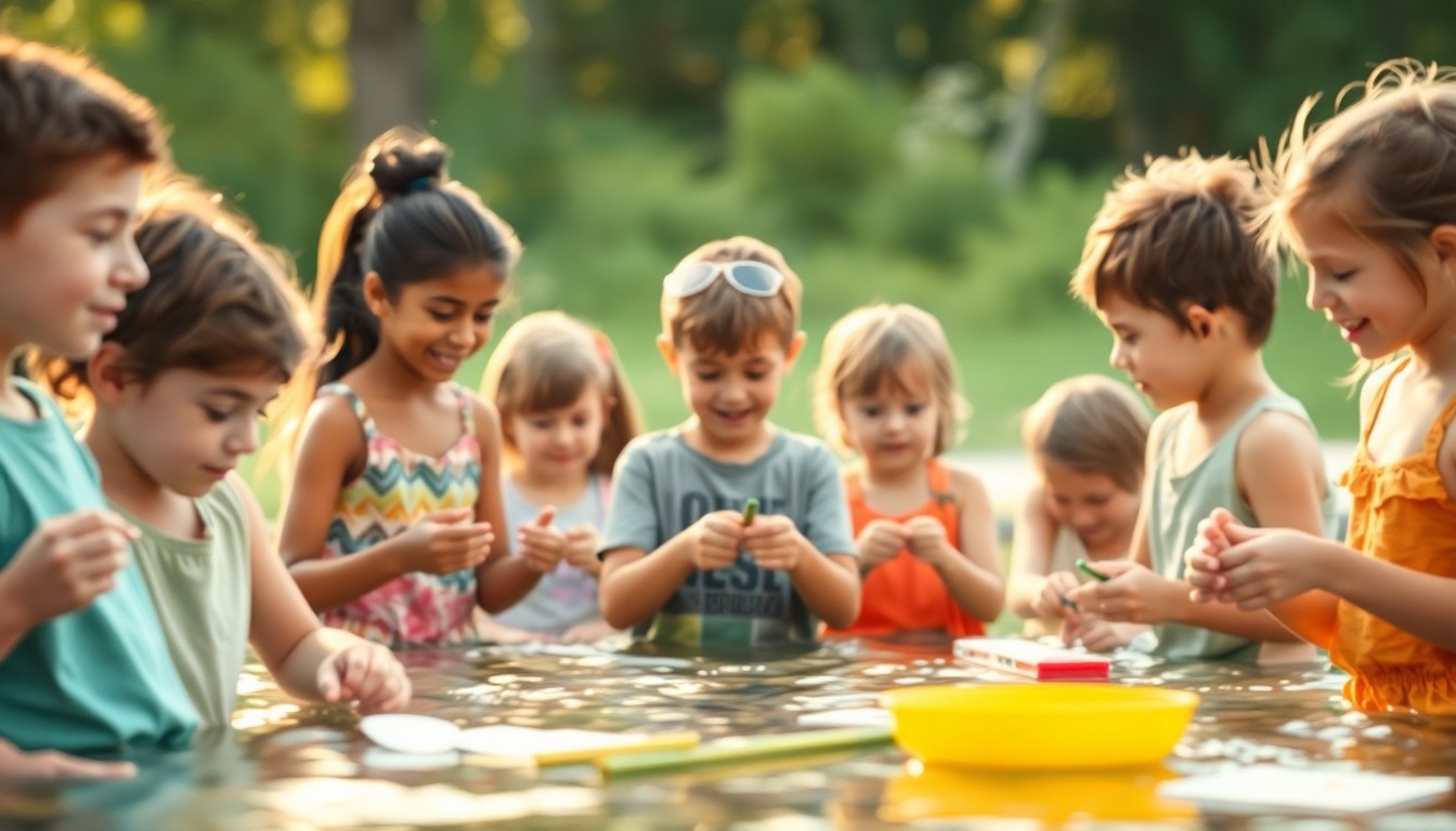 An abstract, out-of-focus photograph in warm, muted tones depicting a group of people engaged in various outdoor activities at a summer camp, conveying a sense of joy, community, and inclusivity.