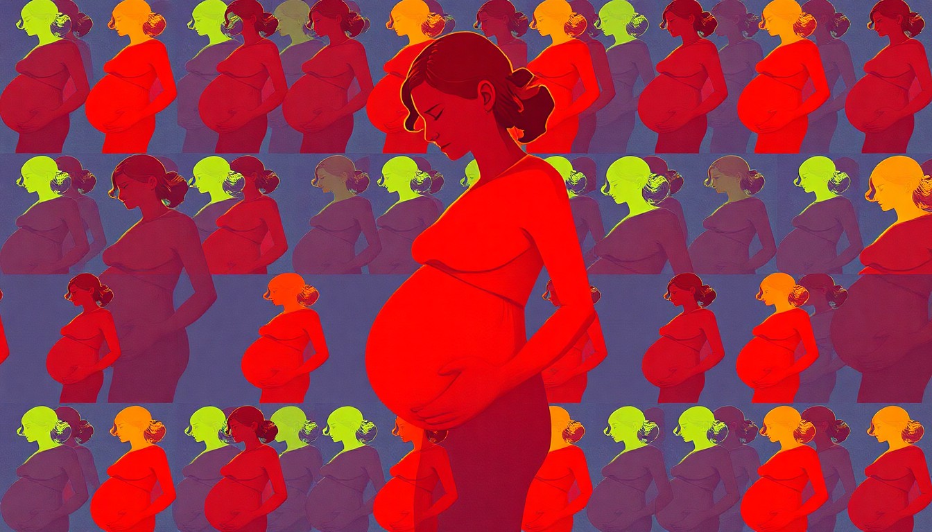 A highly stylized, abstract illustration featuring a repeating silhouette of a pregnant woman's profile in vibrant shades of red, orange, and yellow, conveying the themes of embodied experience and disaster preparedness at the heart of the novel 'Tilt'.