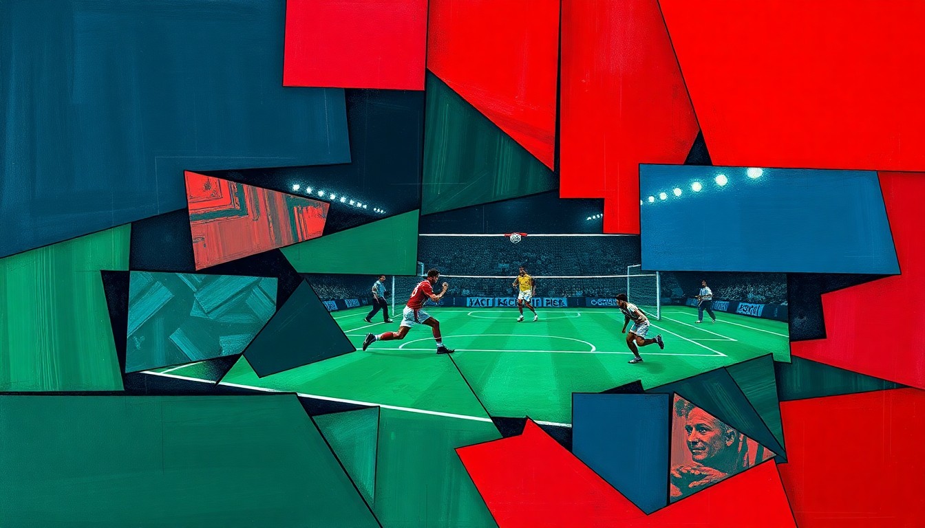 A fractured, multi-perspective painting in bold, contrasting colors, conceptually representing the complex dynamics between sports media and sources.