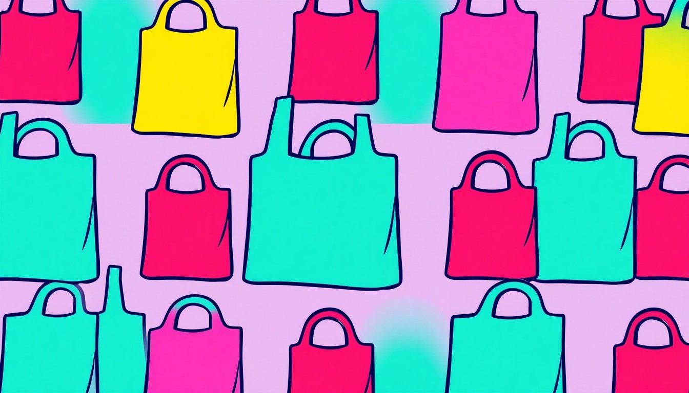 A bold, colorful silkscreen-style illustration featuring a repeated icon of a reusable grocery bag, conceptually representing the sustainable lifestyle focus of the ECO EXPO event.