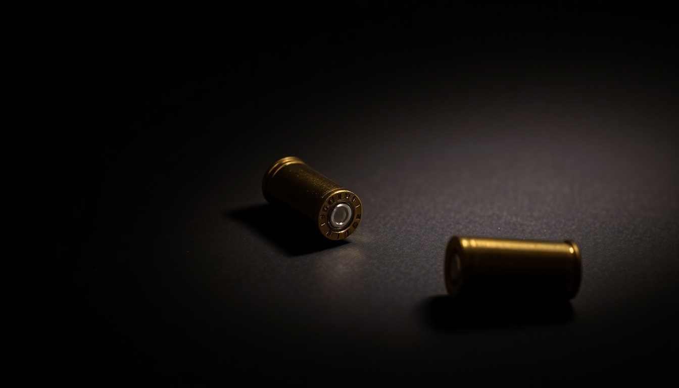 An extreme close-up photograph of a single bullet casing on a dark surface, lit by a harsh, direct camera flash, conceptually representing the evidence gathered in a violent crime investigation.