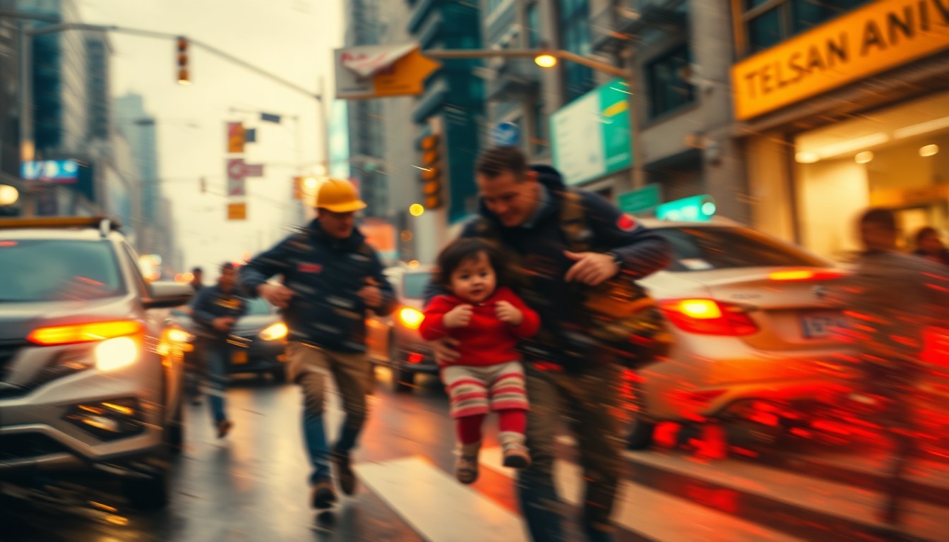 An abstract, impressionistic photograph showing blurred, colorful shapes and movement, conveying the sense of urgency and drama as utility workers rush to rescue a child from oncoming traffic in a busy urban setting.
