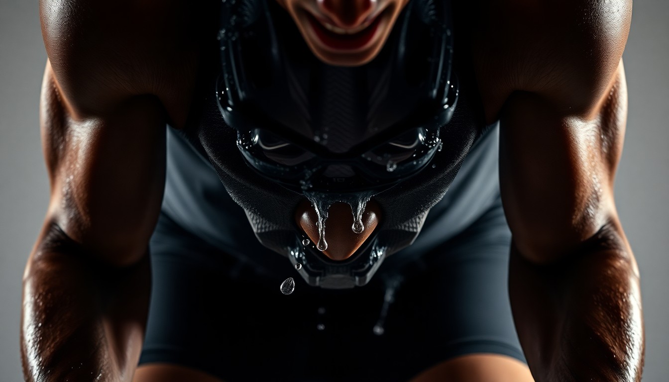 An extreme close-up photograph of a white athletic top drenched in sweat, the fabric's texture and sheen dramatically lit to create a high-contrast, glamorous aesthetic that conveys the intensity of physical movement.