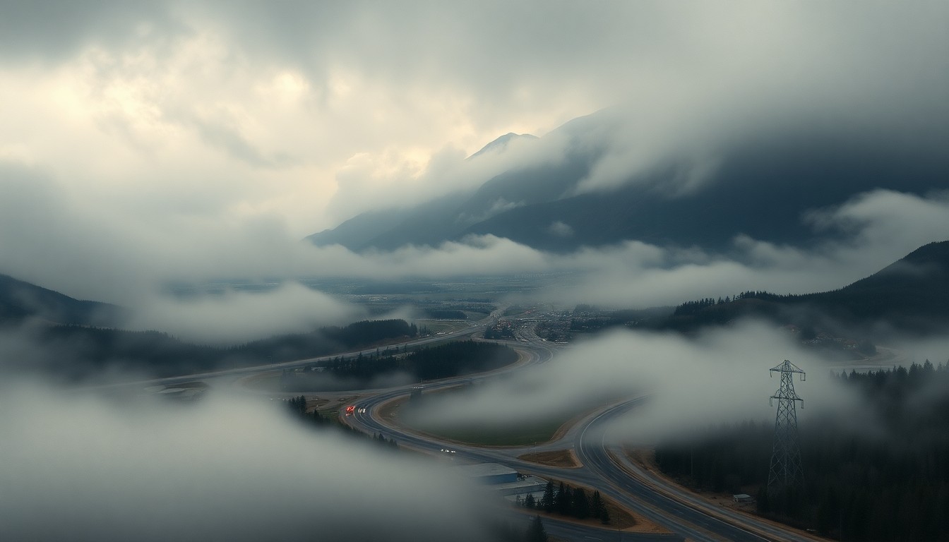 A sweeping, atmospheric landscape painting in muted tones of grey, blue, and green, depicting a foggy, obscured view of a suburban neighborhood, with only the faint outlines of buildings and infrastructure visible through the thick, ominous haze.