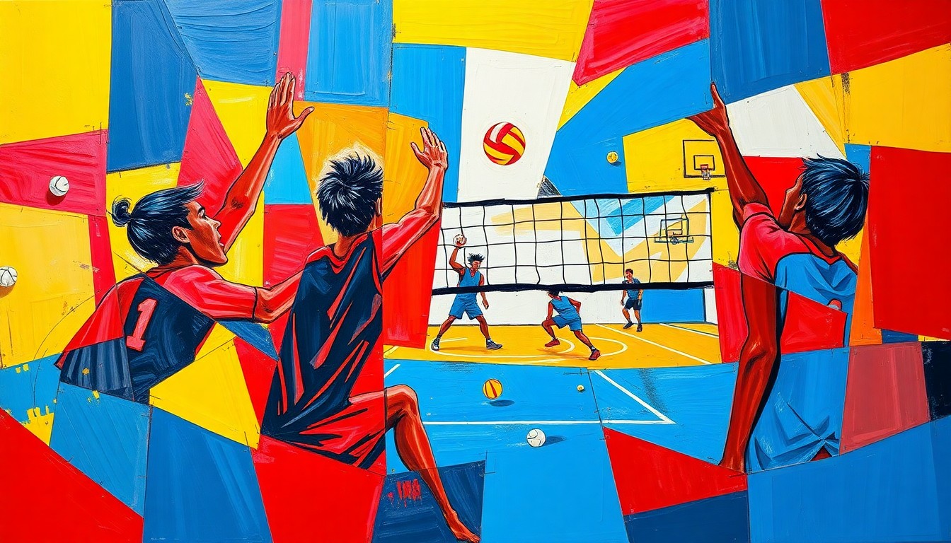 A fragmented, geometric painting depicting the dynamic movements and energy of a volleyball game, with sharp planes of blue, red, and yellow overlapping to create a sense of motion and competition.