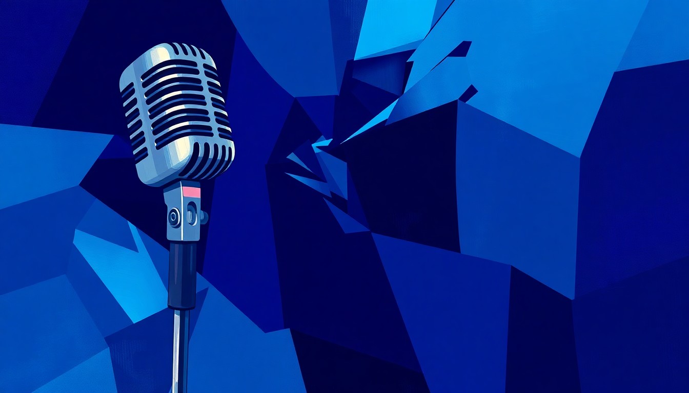 A fractured, abstract painting featuring overlapping geometric shapes and waves of deep blue, violet, and indigo colors, representing the disruption and power struggles within the live music industry.