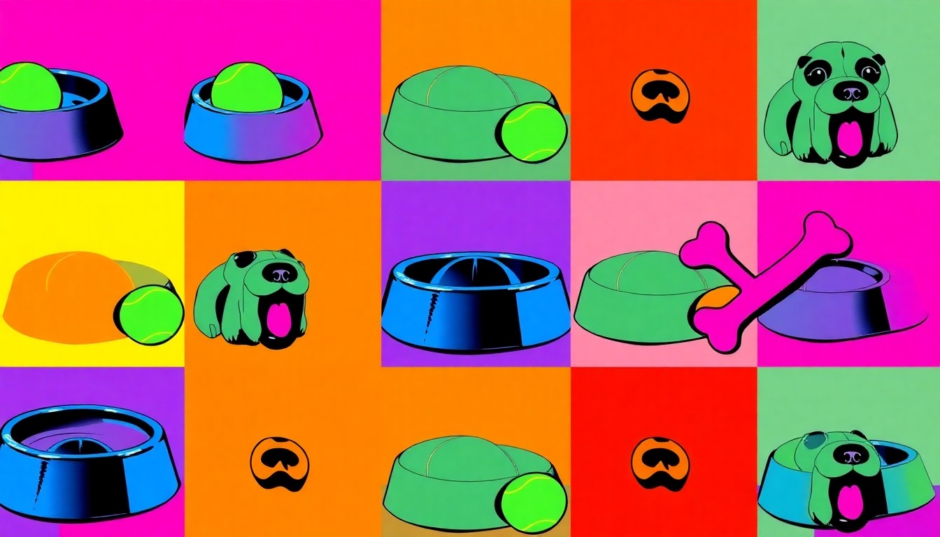 A vibrant, high-contrast silkscreen print featuring repeated images of a dog bowl, tennis ball, and chew toy in a grid, conceptually representing the new pet-friendly amenities in the Nashville Yards development.