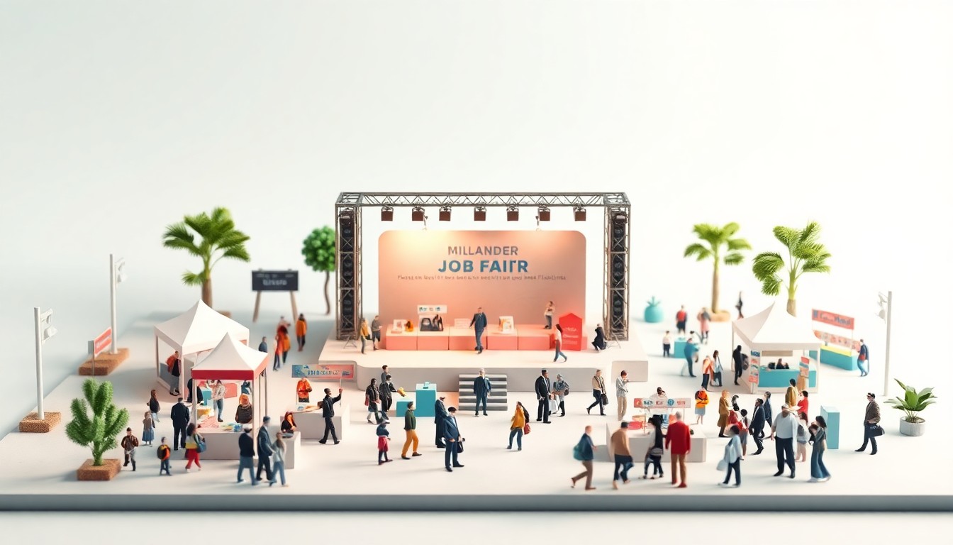 A vibrant, isometric 3D illustration depicting a bustling job fair scene with booths, tents, and small figures of job seekers, conveying the energy and opportunity of the event.