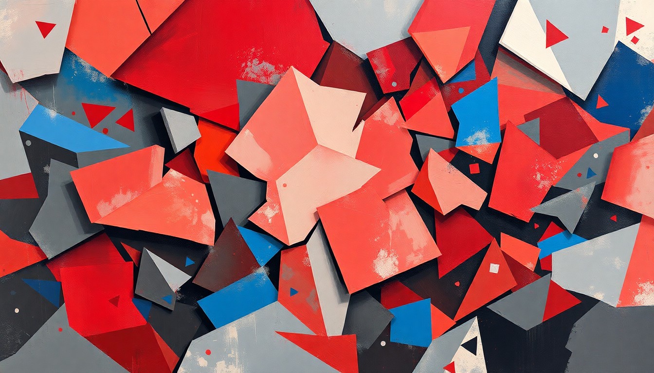 An abstract, dynamic painting with overlapping, fractured geometric shapes in shades of red, blue, and grey, conceptually representing the unpredictable nature of special elections.