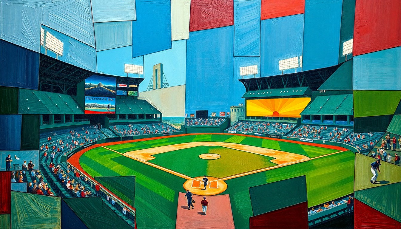 A fragmented, geometric painting depicting the dynamic movements and competing forces of a baseball game, rendered in a bold, abstract style.