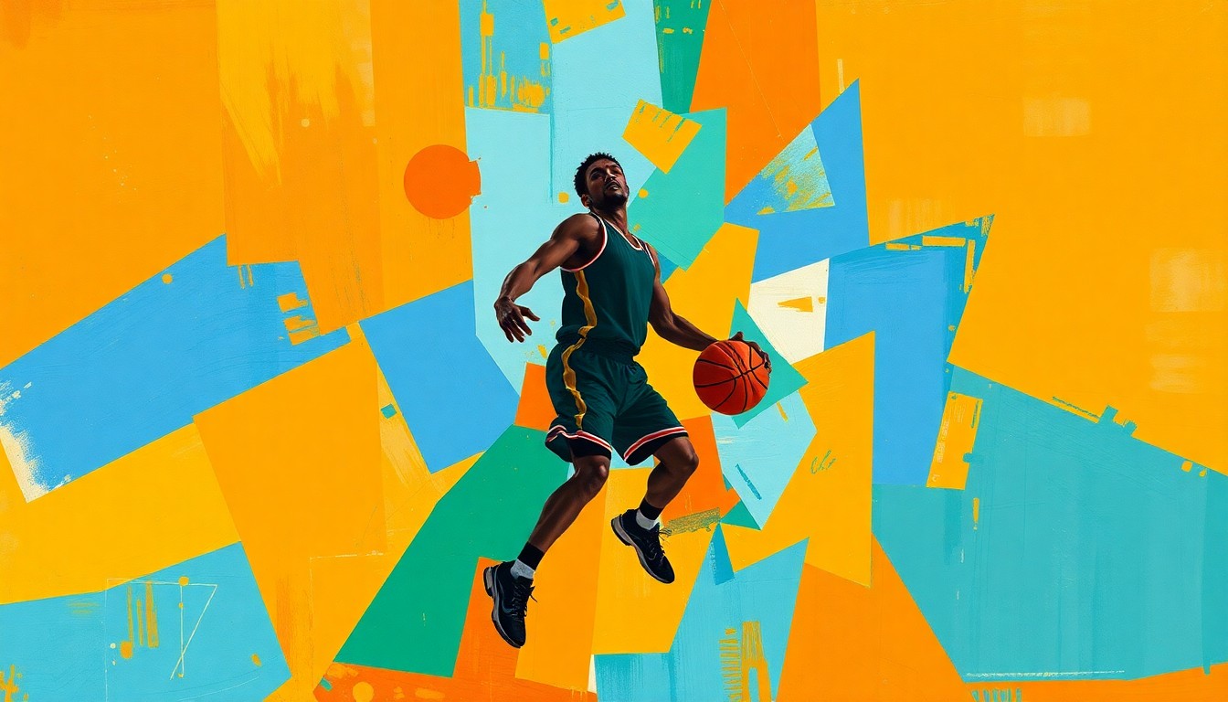 A fragmented, geometric painting depicting the silhouette of a basketball player in motion, broken down into sharp, overlapping planes of color, conceptually representing the multifaceted nature of a highly touted recruit's decision-making process.
