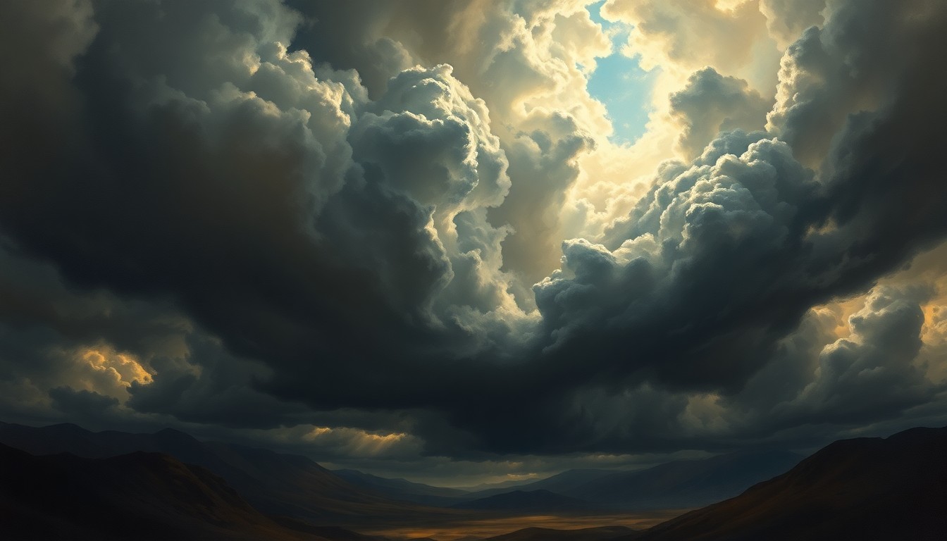 A dramatic, atmospheric landscape painting in muted tones of gray, blue, and gold, with a stormy sky dominating the frame and dwarfing any physical structures or objects below.