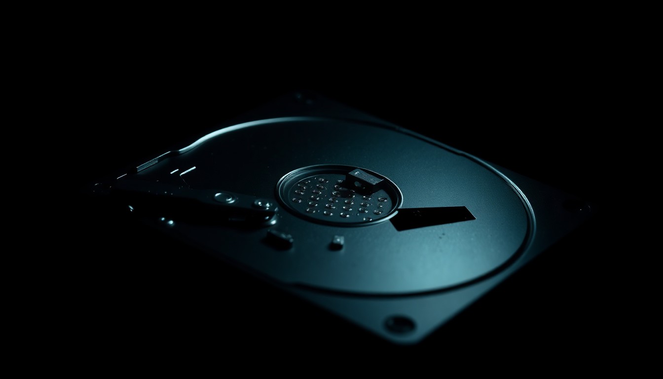 An extreme close-up photograph of a broken digital storage device, such as a hard drive or memory card, lit by a harsh, direct camera flash against a pitch-black background, creating a stark, gritty, investigative aesthetic.
