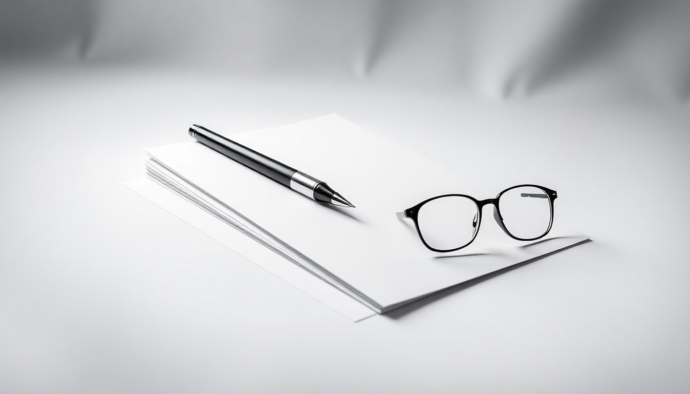 A high-end, photorealistic studio still-life photograph featuring a stack of legal documents, a pen, and a pair of reading glasses arranged elegantly on a clean, white seamless background, conceptually representing the sophisticated legal services provided by Berluti McLaughlin & Kutchin LLP.